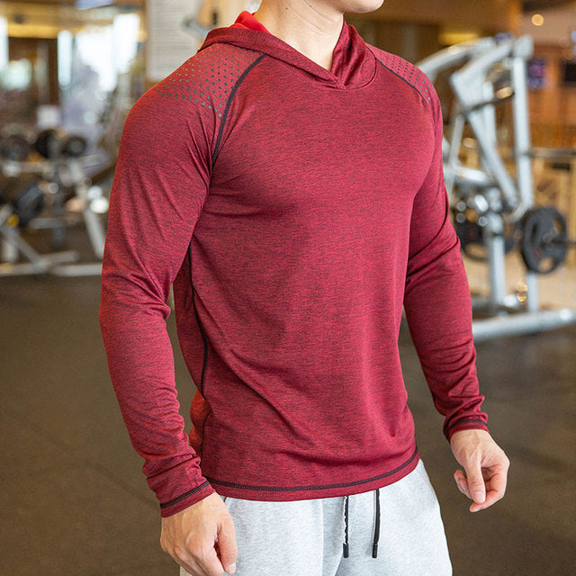 Men Quick-dry Hooded T-Shirt Long Sleeve Slim Elastic Tops for Sports - PUPU