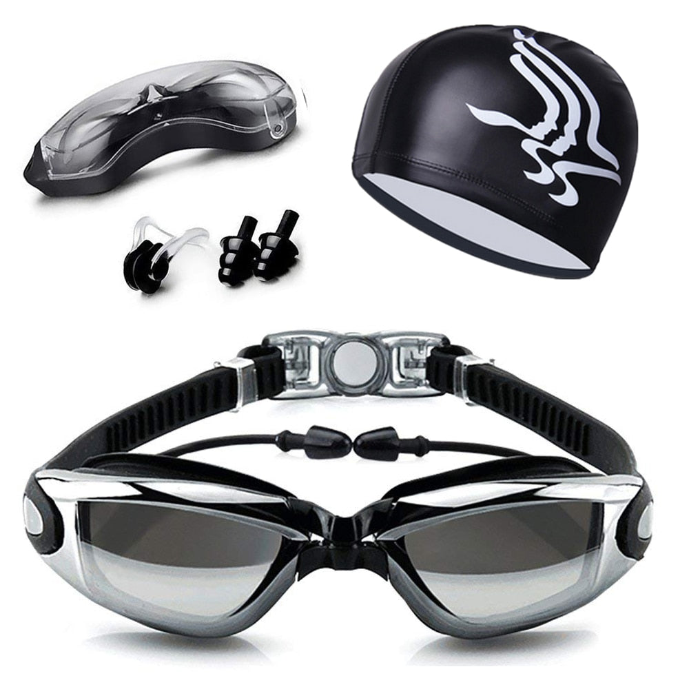 Swimming Goggles Anti-Fog with Nose Clip, Earplugs and Swimming Cap - PUPU