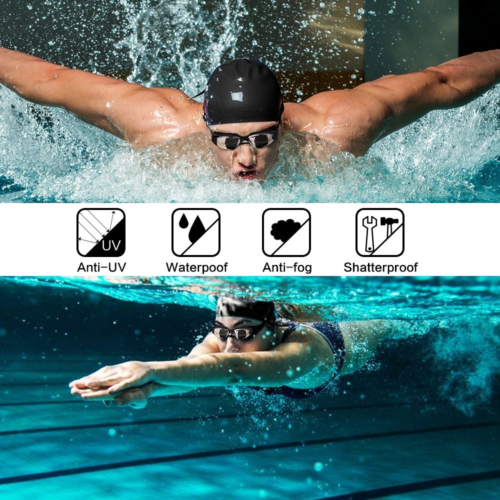 Swimming Goggles Anti-Fog with Nose Clip, Earplugs and Swimming Cap - PUPU