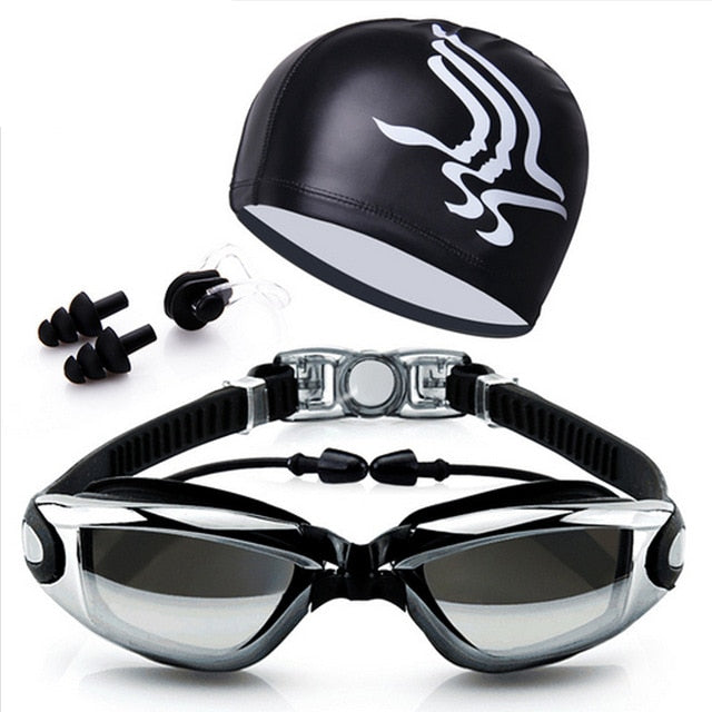 Swimming Goggles Anti-Fog with Nose Clip, Earplugs and Swimming Cap - PUPU