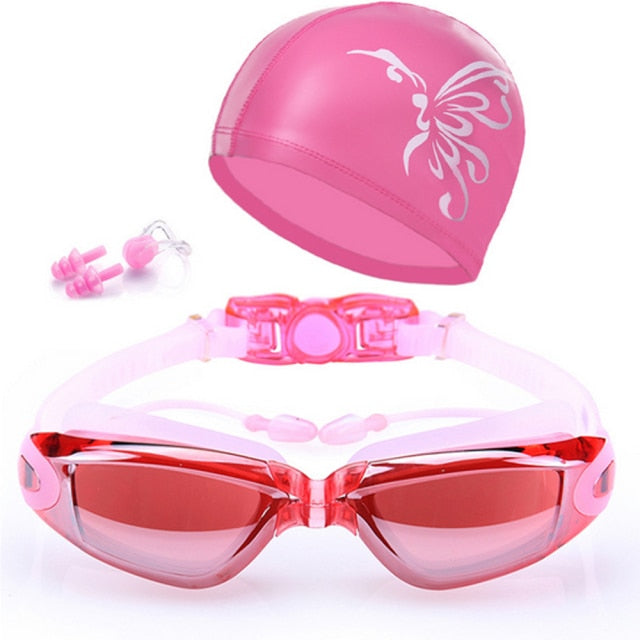 Swimming Goggles Anti-Fog with Nose Clip, Earplugs and Swimming Cap - PUPU