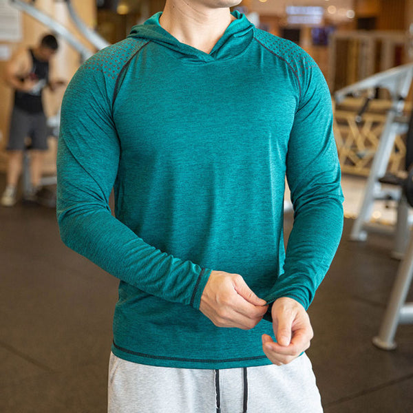 Men Quick-dry Hooded T-Shirt Long Sleeve Slim Elastic Tops for Sports - PUPU