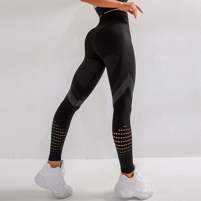 Hollow Yoga Leggings High Waist Breathable Stripe Seamless Legging - PUPU