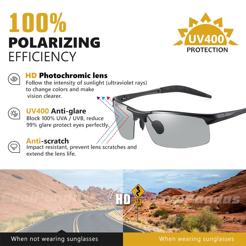 Aluminum Rimless Photochromic Sunglasses Men Polarized Day Night Driving Glasses - PUPU