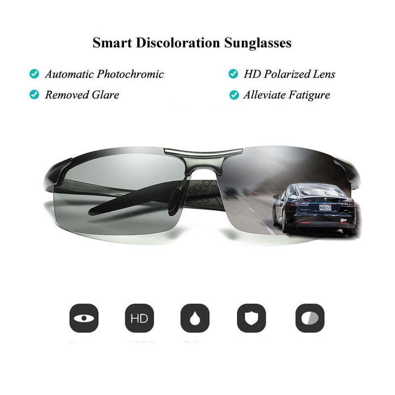 Aluminum Rimless Photochromic Sunglasses Men Polarized Day Night Driving Glasses - PUPU