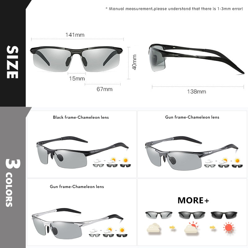 Aluminum Rimless Photochromic Sunglasses Men Polarized Day Night Driving Glasses - PUPU