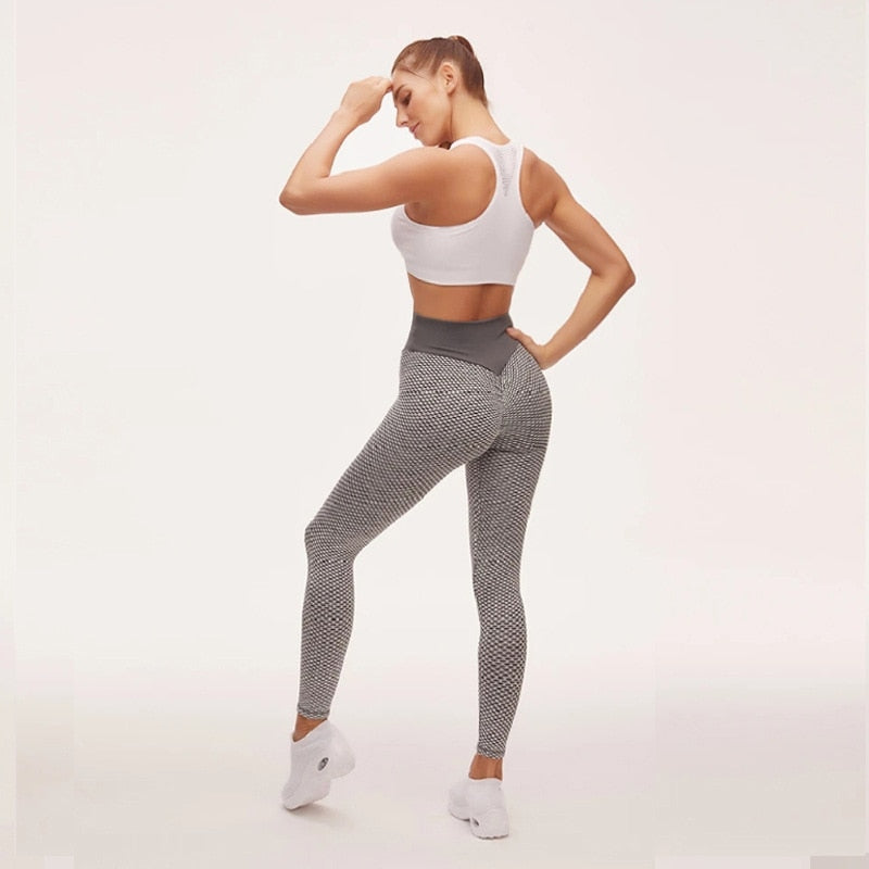 Women Grid Tights Yoga Pants Seamless High Waist Leggings - PUPU