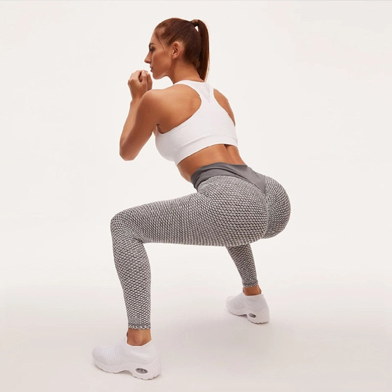 Women Grid Tights Yoga Pants Seamless High Waist Leggings - PUPU